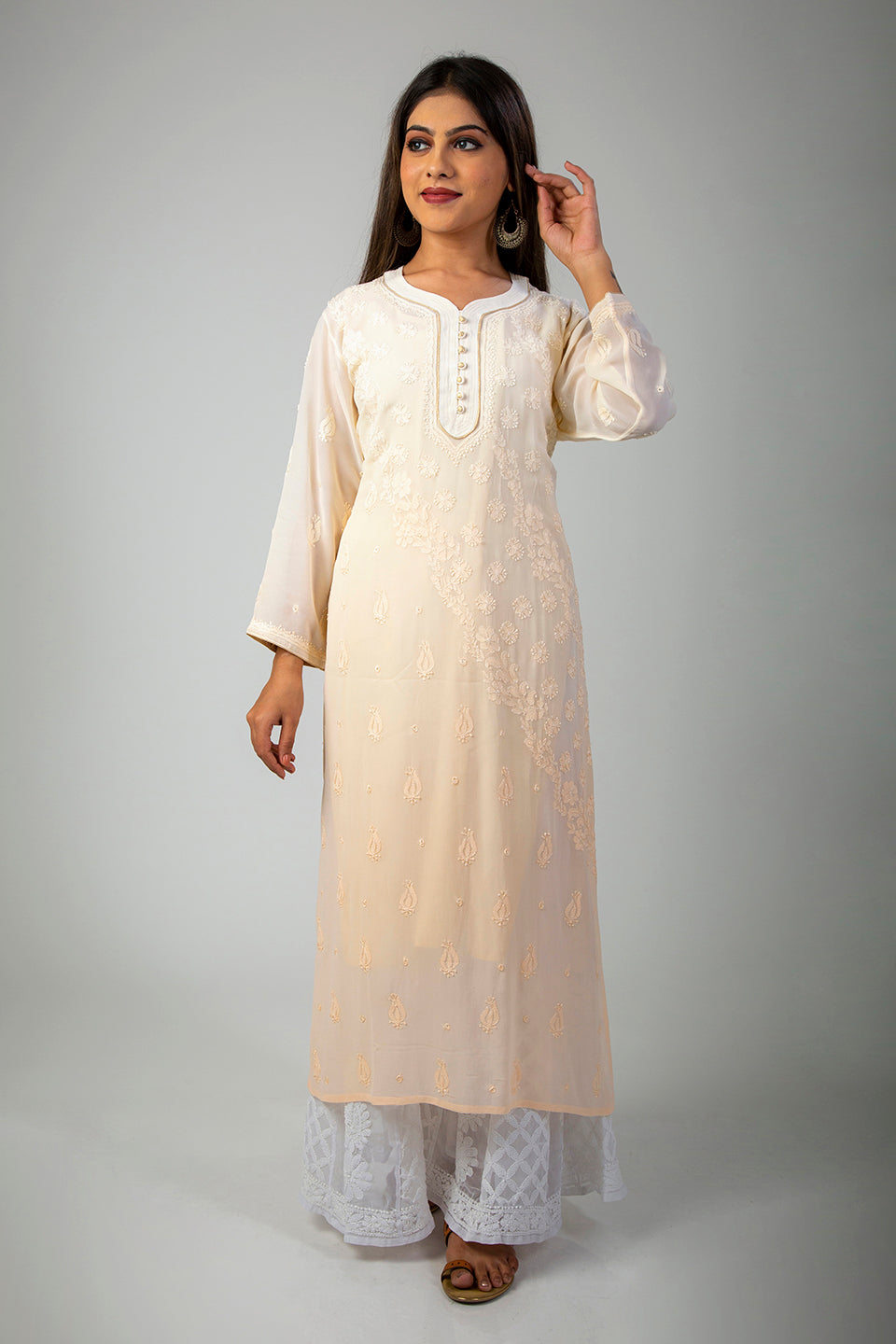 Lucknow Chikan Emprorium Hand Chikankari Kurti Skin friendly (Light Fawn Shaded)