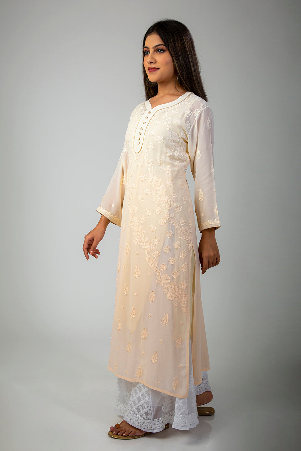 Lucknow Chikan Emprorium Hand Chikankari Kurti Skin friendly (Light Fawn Shaded)