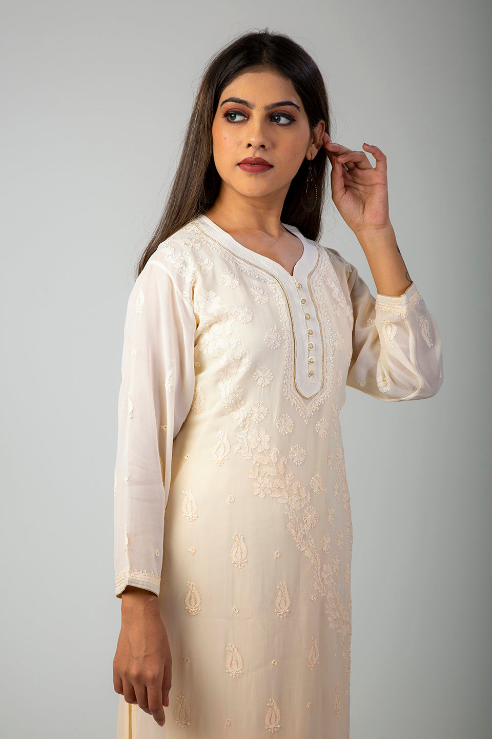 Lucknow Chikan Emprorium Hand Chikankari Kurti Skin friendly (Light Fawn Shaded)