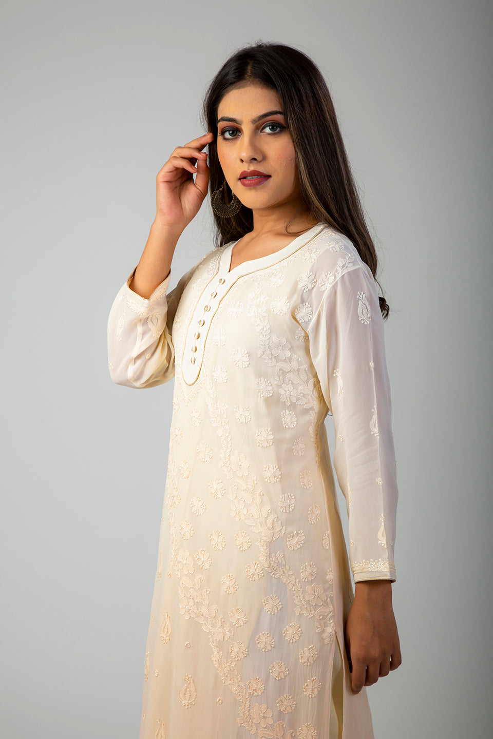 Lucknow Chikan Emprorium Hand Chikankari Kurti Skin friendly (Light Fawn Shaded)