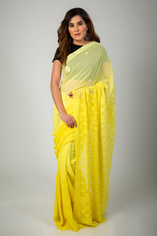 Lucknow Chikan Emporium Lemon Yellow Shaded Pure Georgette Saree With same Colour Blouse piece included.