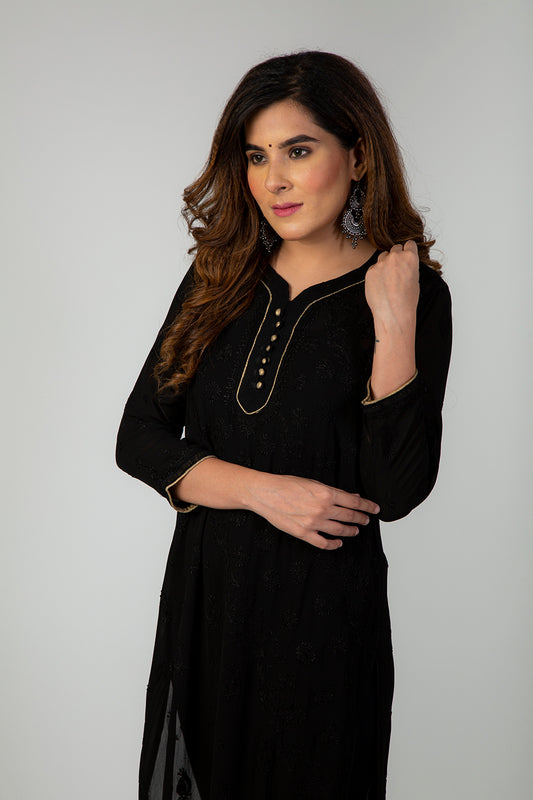 Lucknow Chikan Emprorium Hand Chikankari Kurti Skin friendly Viscose Georgette Amulet Neck (Black Color)