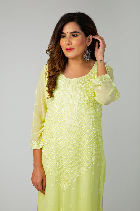 Lucknow Chikan Emprorium Hand Chikankari Kurti Skin friendly Viscose Georgette (Nice Green Color)