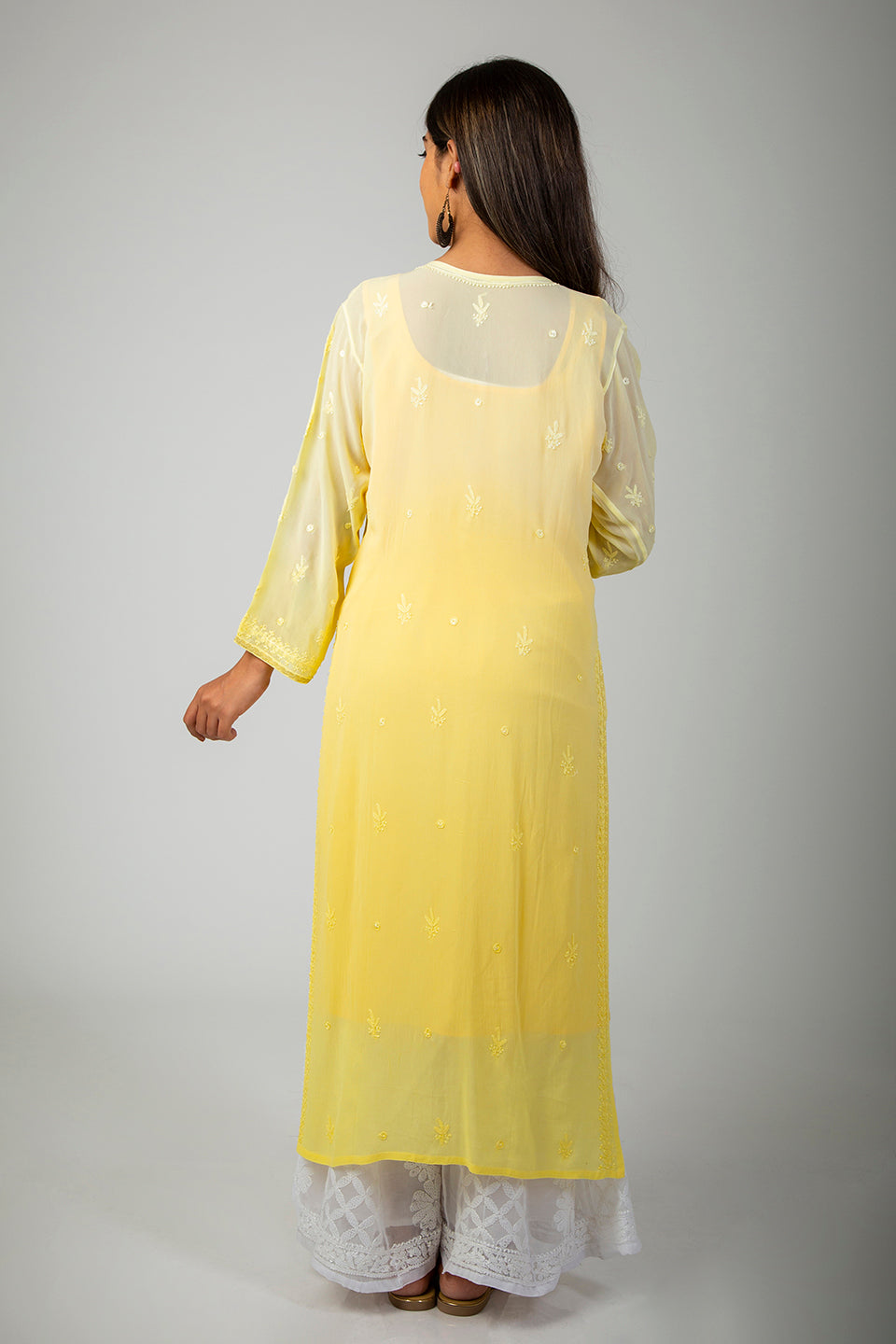 Lucknow Chikan Emporium Hand Viscose Georgette (Lemon Yellow Shaded)