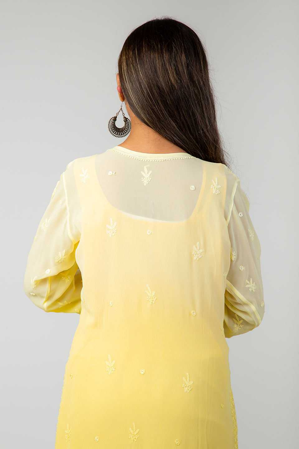 Lucknow Chikan Emporium Hand Viscose Georgette (Lemon Yellow Shaded)