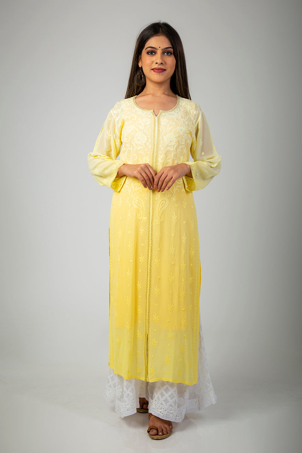 Lucknow Chikan Emporium Hand Viscose Georgette (Lemon Yellow Shaded)