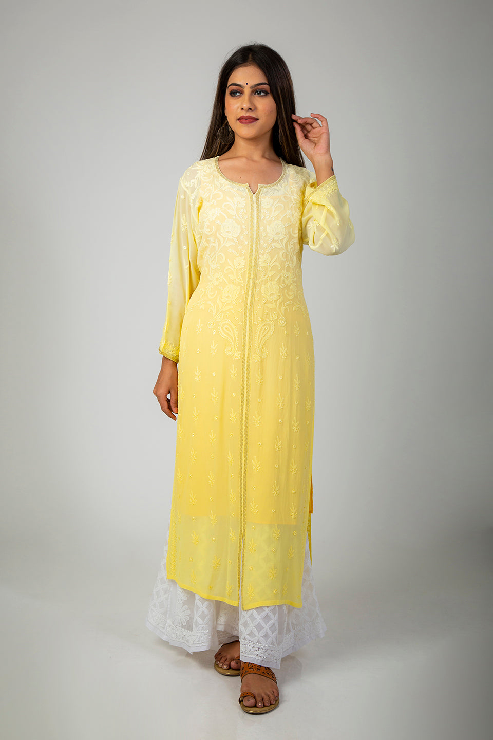 Lucknow Chikan Emporium Hand Viscose Georgette (Lemon Yellow Shaded)
