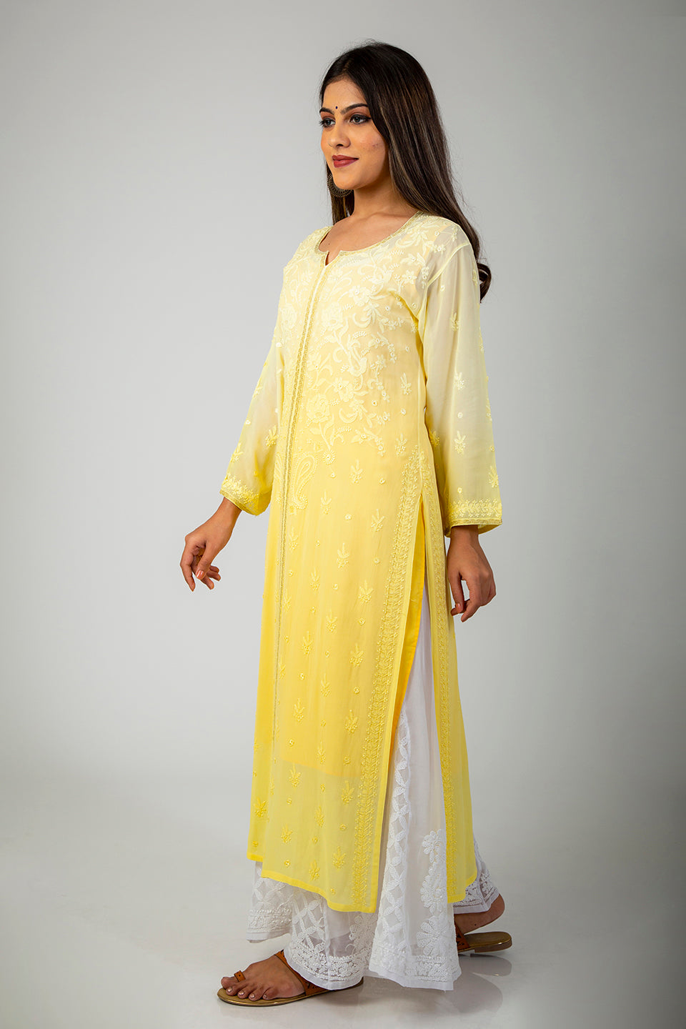 Lucknow Chikan Emporium Hand Viscose Georgette (Lemon Yellow Shaded)
