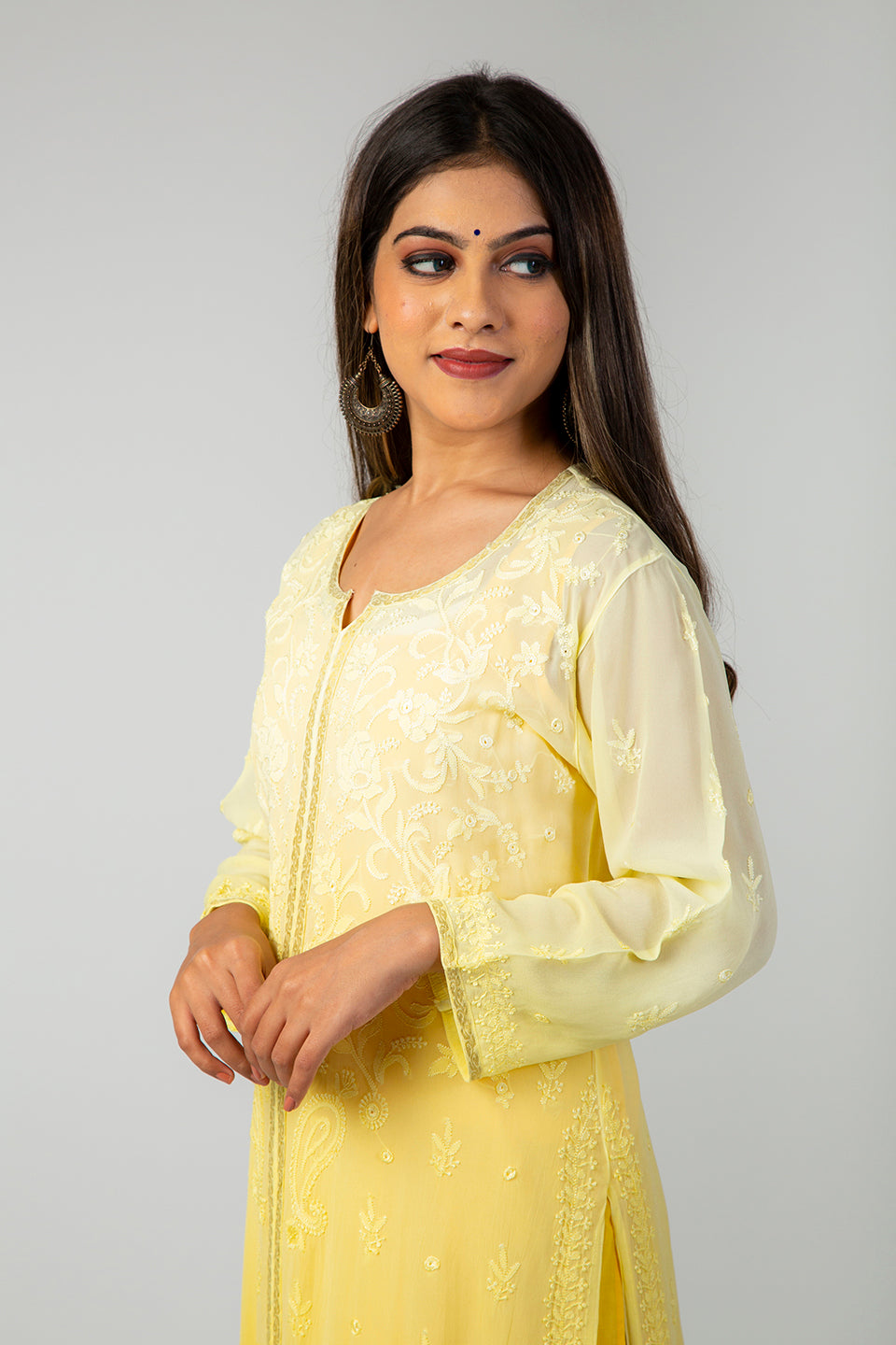 Lucknow Chikan Emporium Hand Viscose Georgette (Lemon Yellow Shaded)