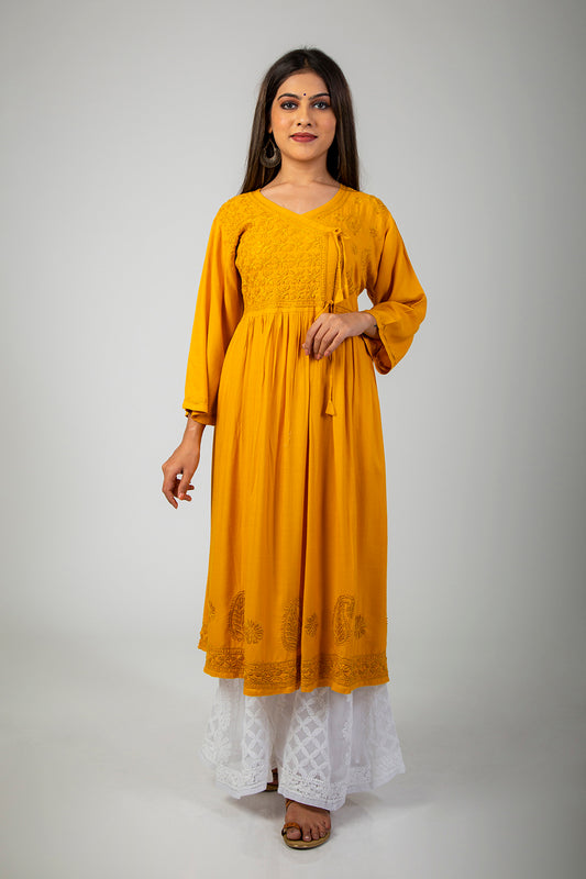 Mustard colour Angarkha Hand embroided cotton Chikankari Kurti Lucknow Chikan Emporium.