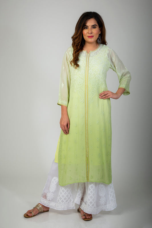 Lucknow Chikan Emporium Hand Semi Georgette (Leaf Green Shaded)