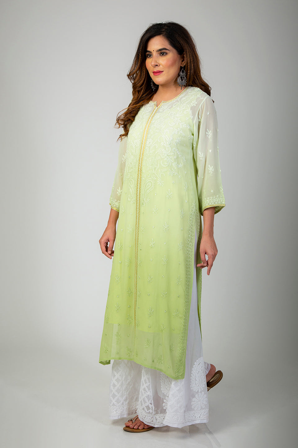 Lucknow Chikan Emporium Hand Semi Georgette (Leaf Green Shaded)