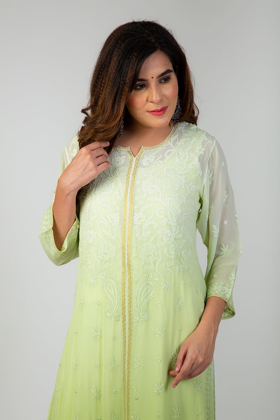 Lucknow Chikan Emporium Hand Semi Georgette (Leaf Green Shaded)