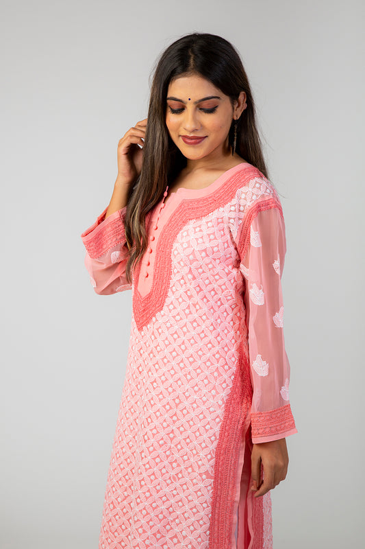 Lucknow Chikan Emprorium Hand Chikankari Kurti Skin Friendly Semi Georgette White Cotton Thread (Peach Color)