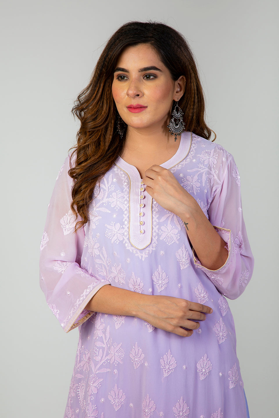 Lucknow Chikan Emprorium Hand Chikankari Kurti Skin friendly (Light Mauve Shaded)