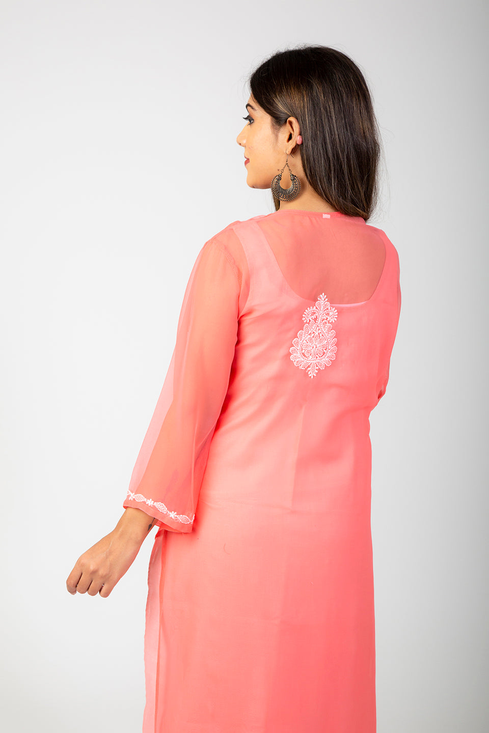 Lucknow Chikan Emprorium Hand Chikankari Kurti Skin Friendly Semi Georgette White Cotton Thread (Carrot Pink Color)