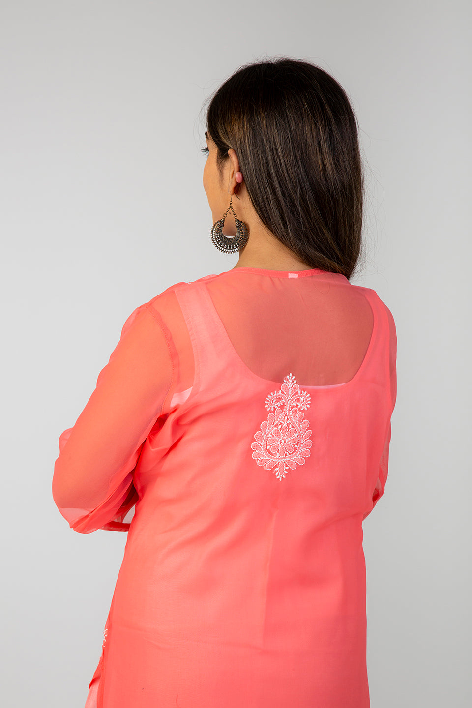 Lucknow Chikan Emprorium Hand Chikankari Kurti Skin Friendly Semi Georgette White Cotton Thread (Carrot Pink Color)