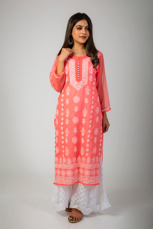 Lucknow Chikan Emprorium Hand Chikankari Kurti Skin Friendly Semi Georgette White Cotton Thread (Carrot Pink Color)