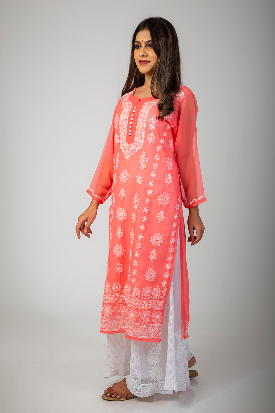 Lucknow Chikan Emprorium Hand Chikankari Kurti Skin Friendly Semi Georgette White Cotton Thread (Carrot Pink Color)