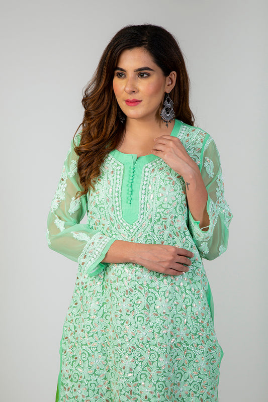 Nice Hand Chikankari Kurti (Green Color) Lucknow Chikan Emporium.