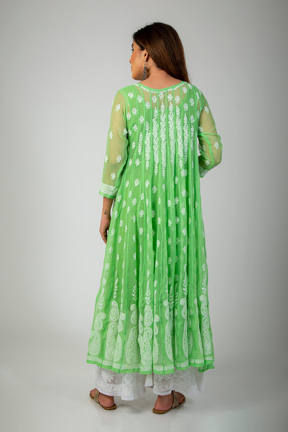 Lucknow Chikan Emporium Hand Chikankari   Semi  Georgette Green Anarkali Kurti