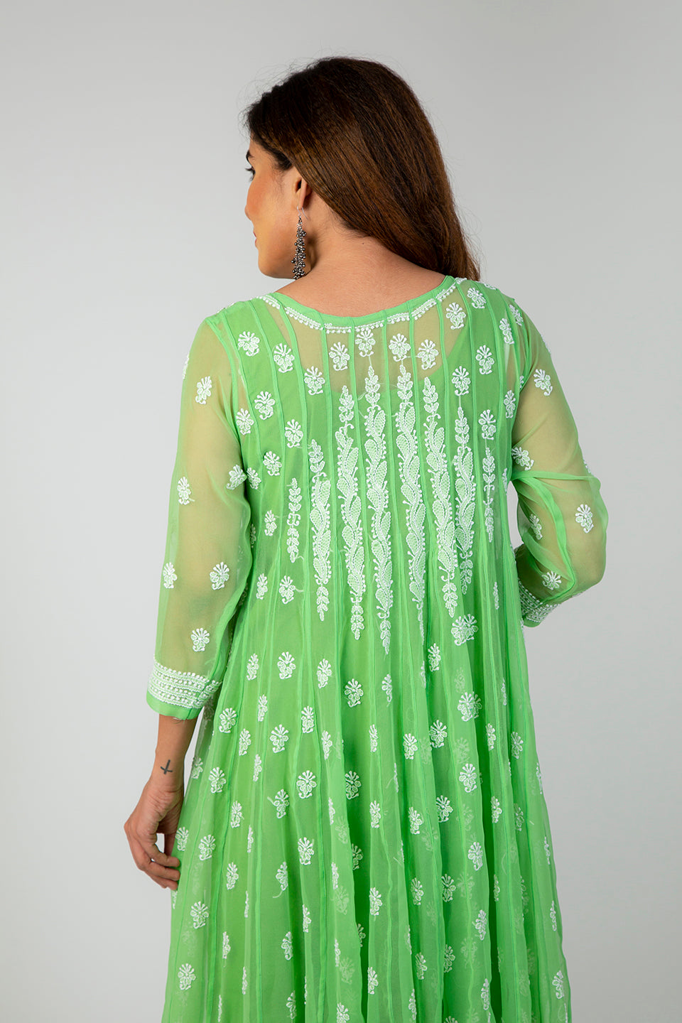 Lucknow Chikan Emporium Hand Chikankari   Semi  Georgette Green Anarkali Kurti