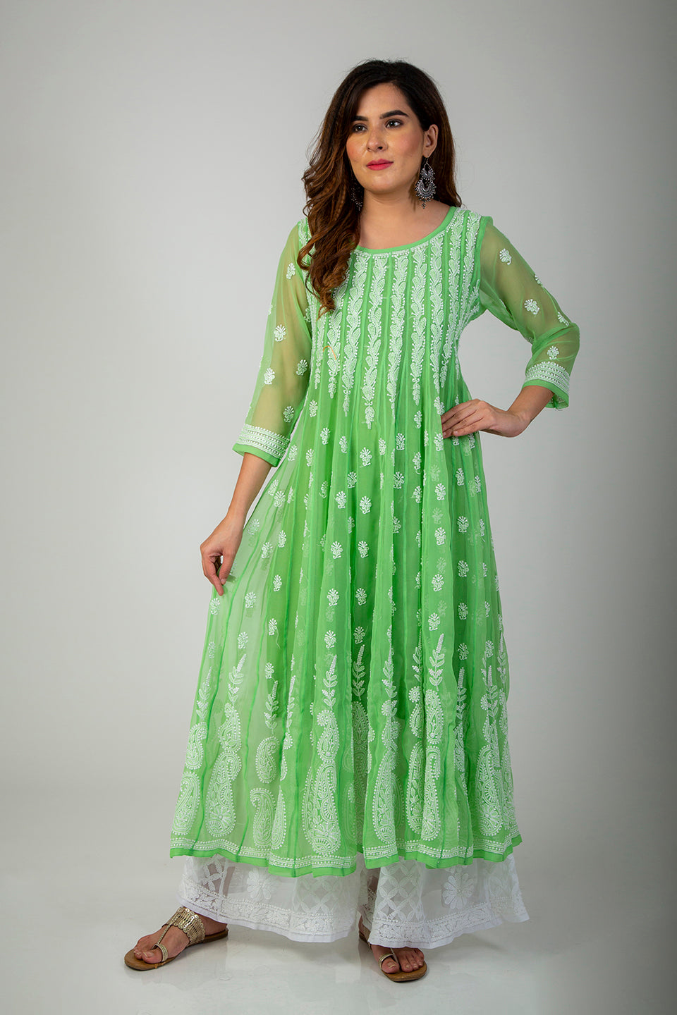 Lucknow Chikan Emporium Hand Chikankari   Semi  Georgette Green Anarkali Kurti