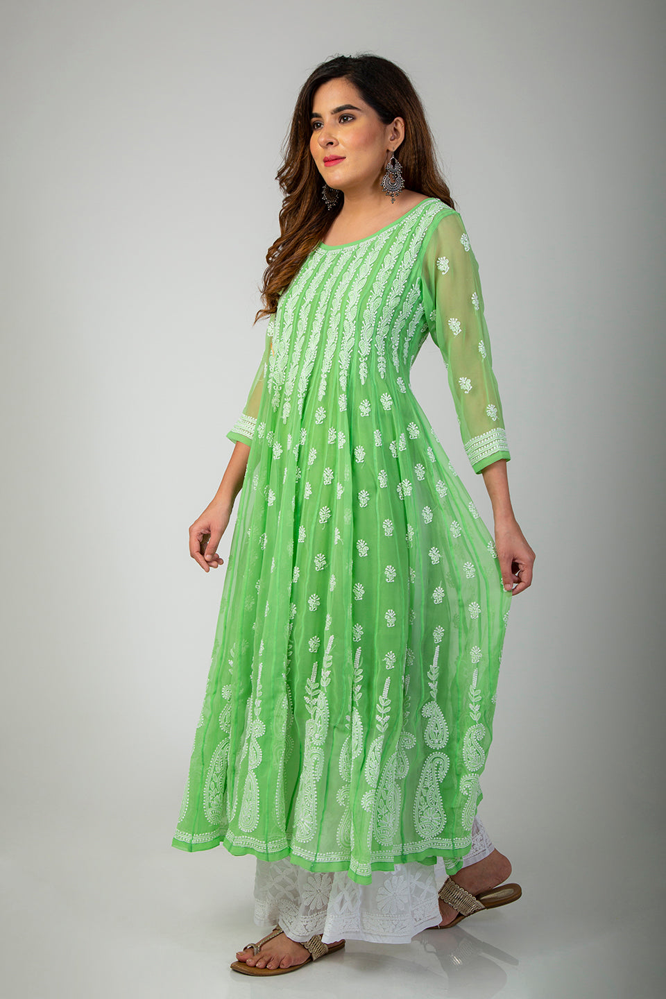 Lucknow Chikan Emporium Hand Chikankari   Semi  Georgette Green Anarkali Kurti