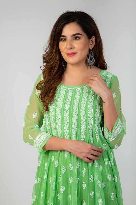 Lucknow Chikan Emporium Hand Chikankari   Semi  Georgette Green Anarkali Kurti