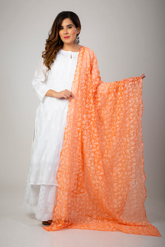 Semi Georgette Orange Chikan Dupatta