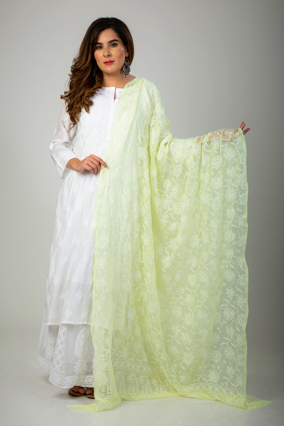 Semi Georgette Lemon Yellow Lucknow  Chikan Emporium Dupatta