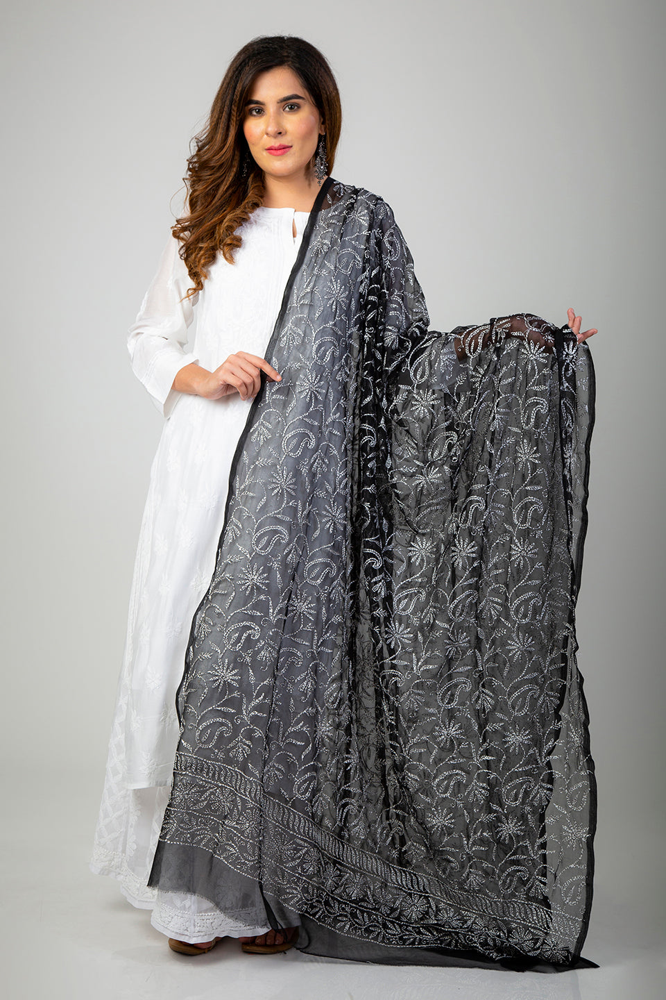 Lucknow Chikan Emporium Semi Georgette Black Chikan Dupatta.