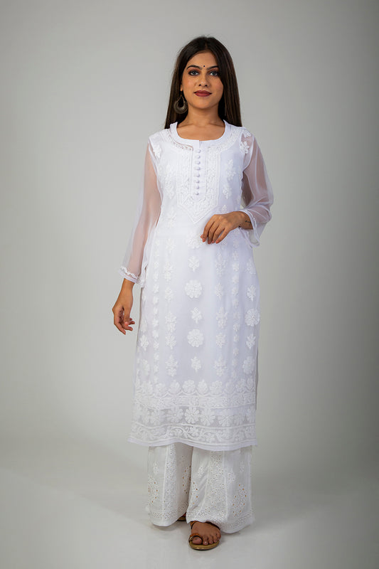 Lucknow Chikan Emprorium Hand Chikankari Kurti Skin Friendly Semi Georgette White Cotton Thread (White Color)