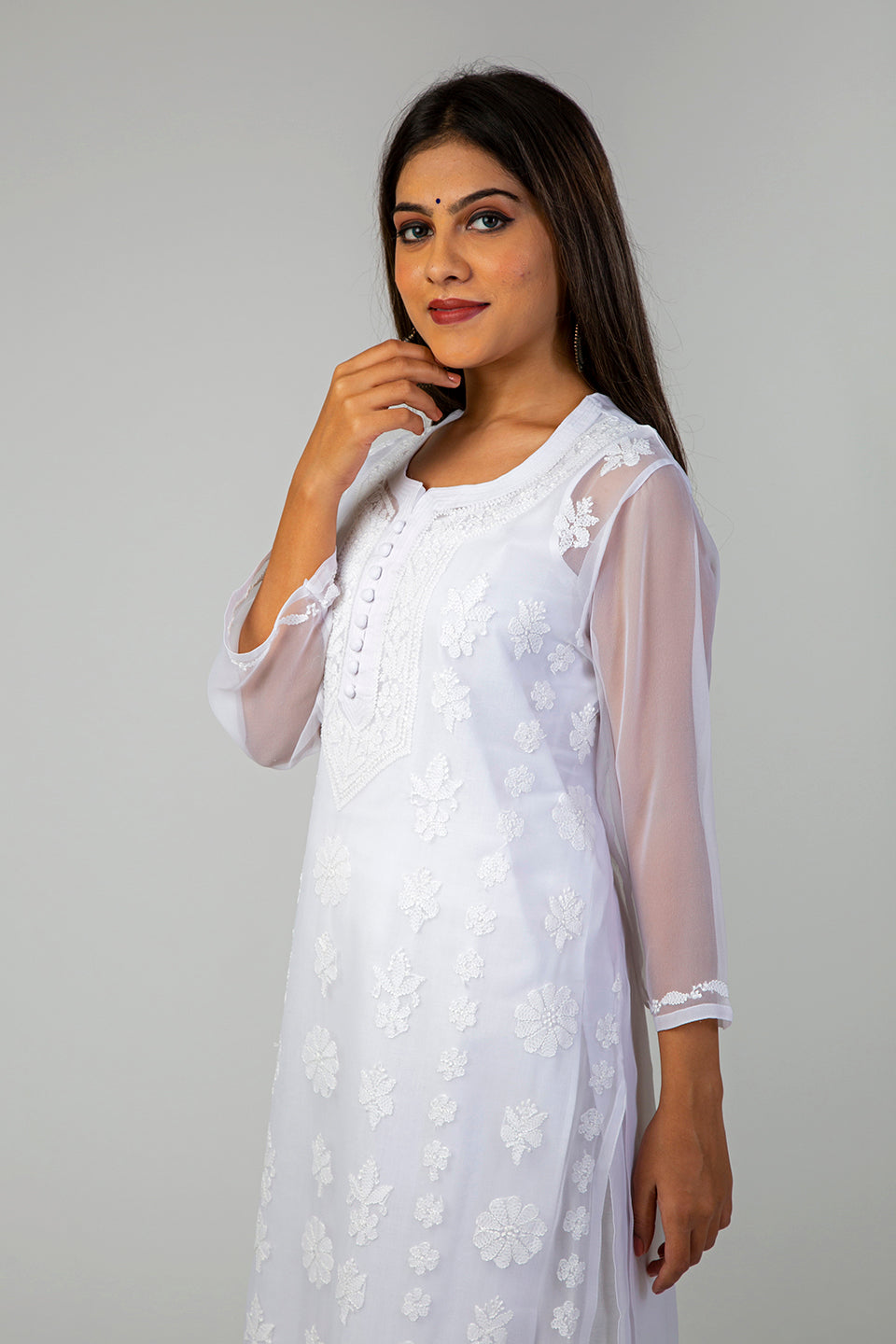 Lucknow Chikan Emprorium Hand Chikankari Kurti Skin Friendly Semi Georgette White Cotton Thread (White Color)