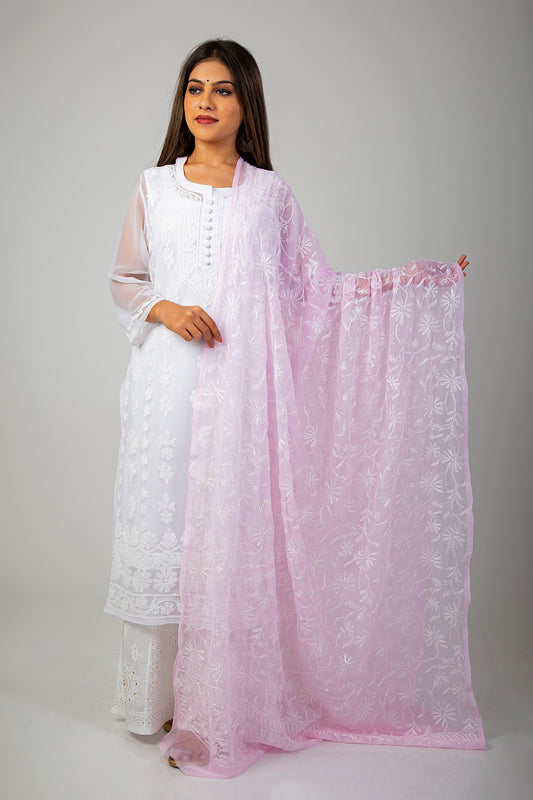 Lucknow Chikan Emporium Semi Georgette Pink Chikan Dupatta.