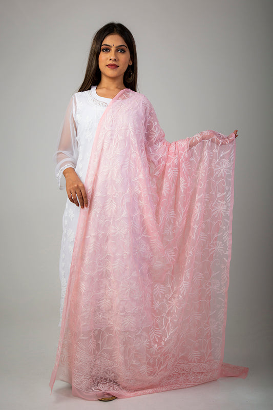 Semi Georgette Peach Chikan Dupatta