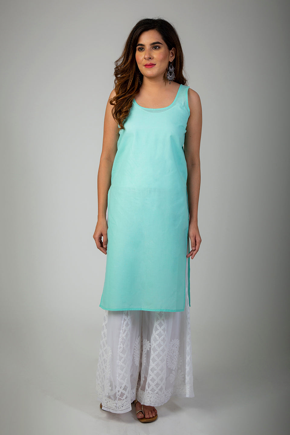 Chikan Sea Green Slip For Women