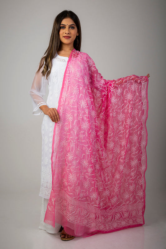 Semi Georgette Dark Pink Lucknow  Chikan Emporium Dupatta