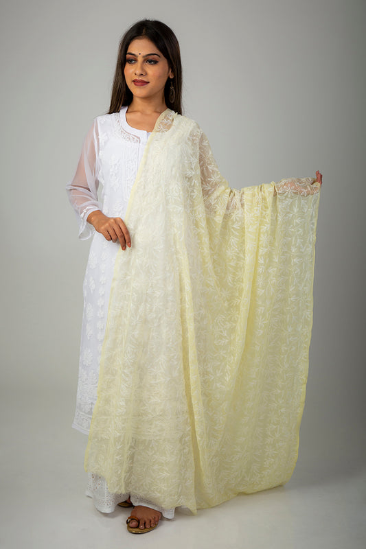 Lucknow Chikan Emporium Semi Georgette Lemon Yellow Dupatta.