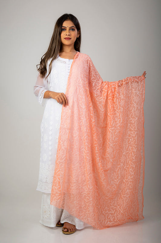 Semi Georgette Peach Chikan Dupatta