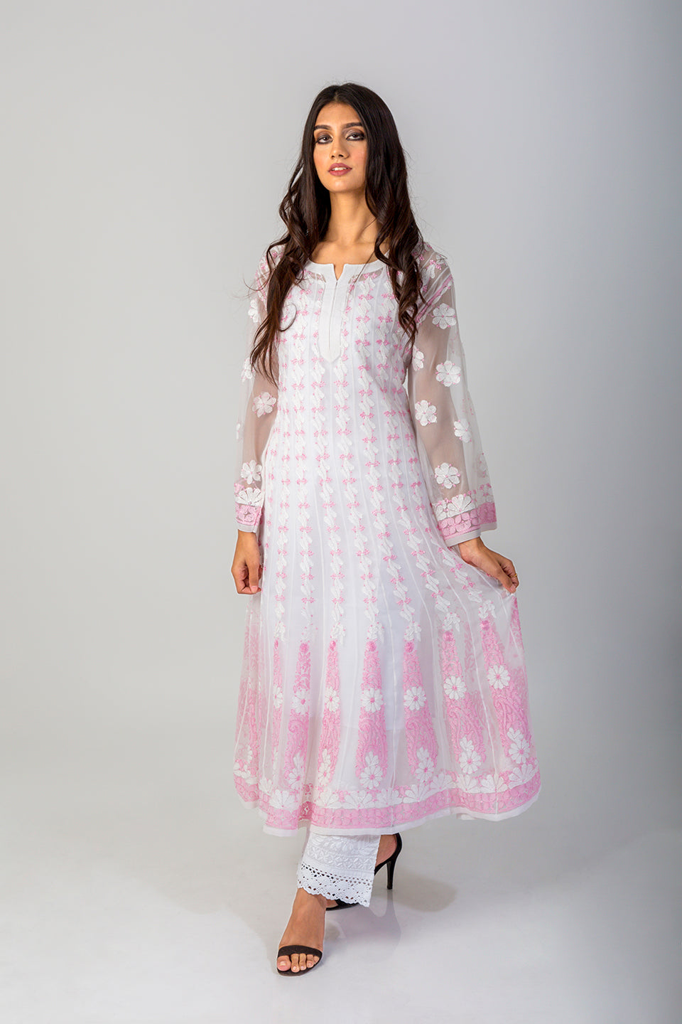 Lucknow Chikan Emporium Hand Chikankari Semi Georgette white Anarkali Kurti