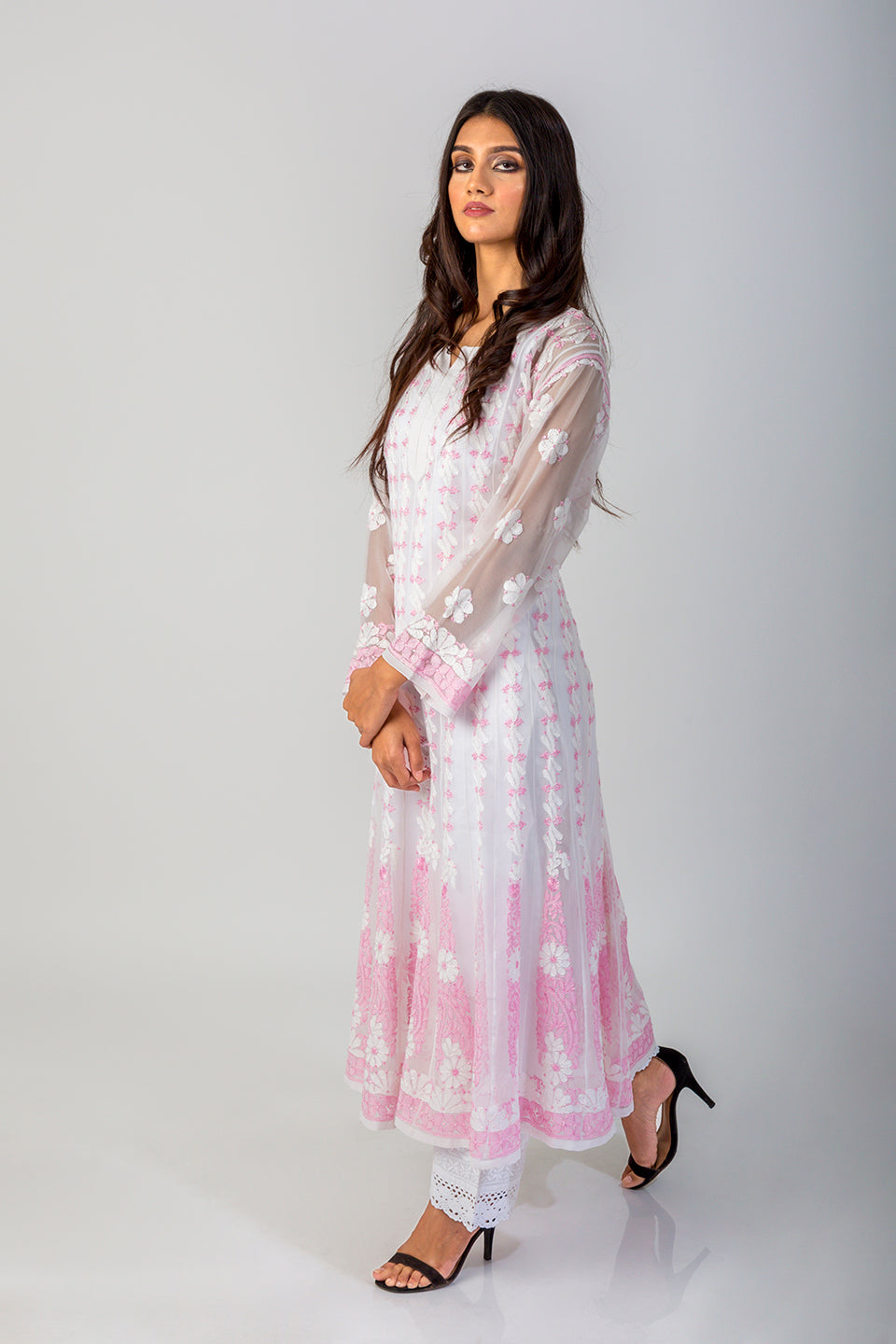 Lucknow Chikan Emporium Hand Chikankari Semi Georgette white Anarkali Kurti