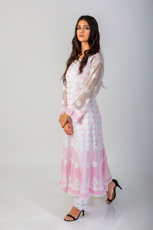Lucknow Chikan Emporium Hand Chikankari Semi Georgette white Anarkali Kurti