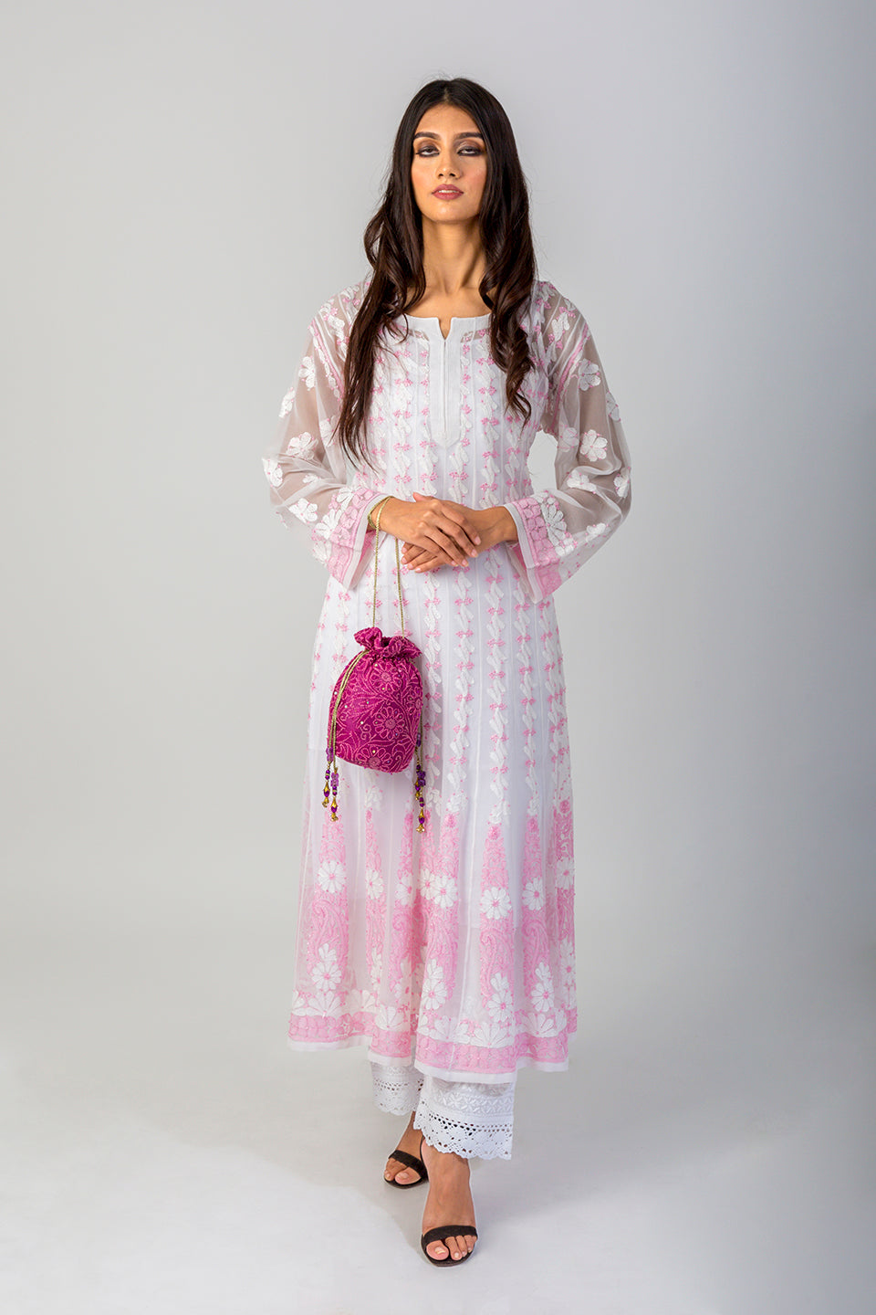 Lucknow Chikan Emporium Hand Chikankari Semi Georgette white Anarkali Kurti