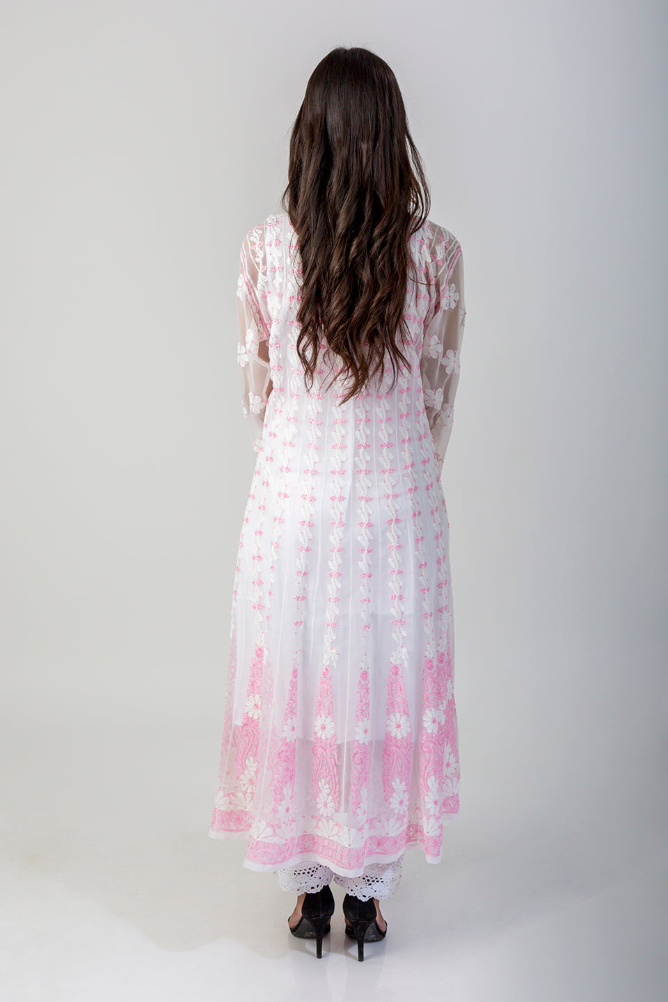 Lucknow Chikan Emporium Hand Chikankari Semi Georgette white Anarkali Kurti