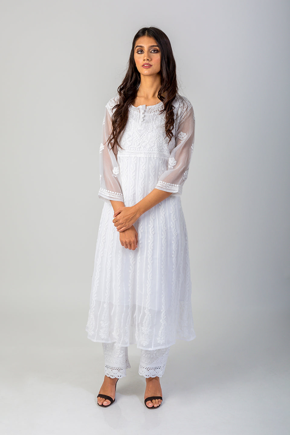 Lucknow Chikan Emporium Hand Chikankari Semi Georgette white Anarkali Kurti