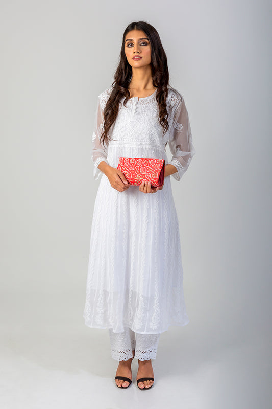 Lucknow Chikan Emporium Hand Chikankari Semi Georgette white Anarkali Kurti