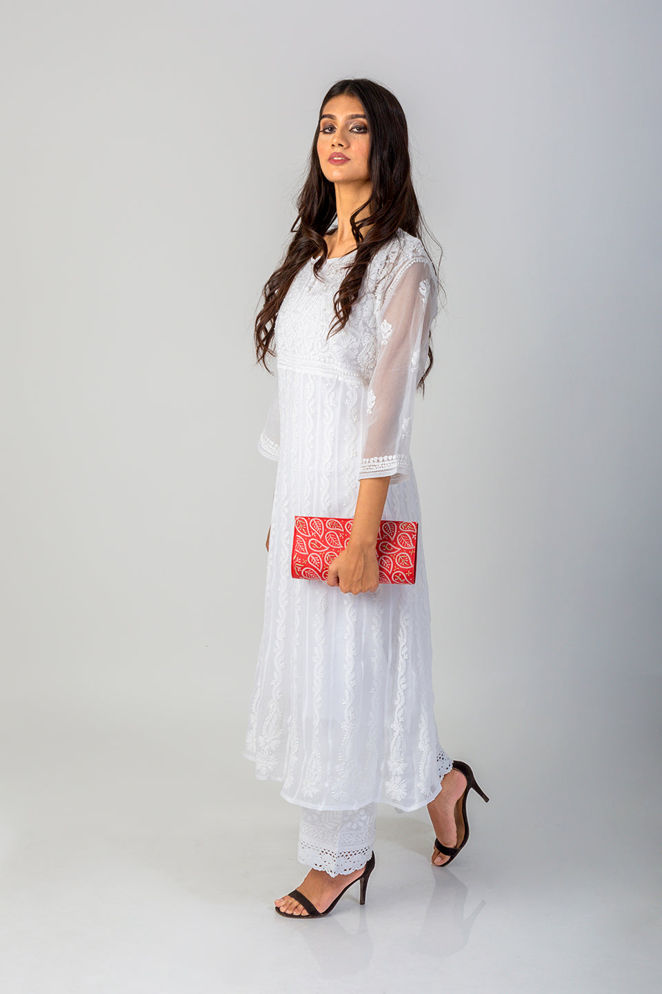 Lucknow Chikan Emporium Hand Chikankari Semi Georgette white Anarkali Kurti