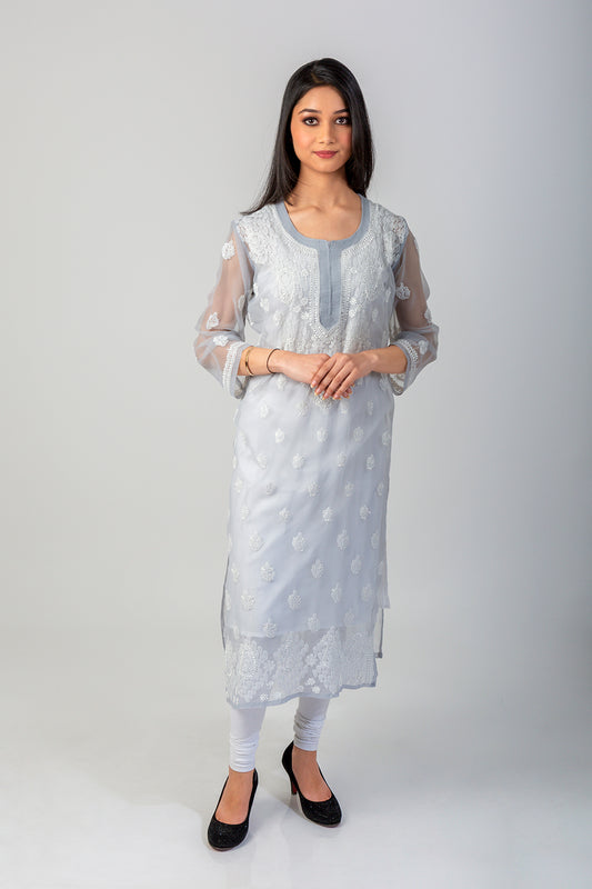 Lucknow Chikan Emporium Hand  Semi Georgette Chikankari Kurti (Nice Grey)