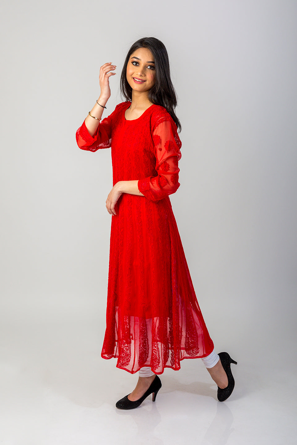 Lucknow Chikan Emporium Hand Chikankari Semi Georgette red Anarkali Kurti